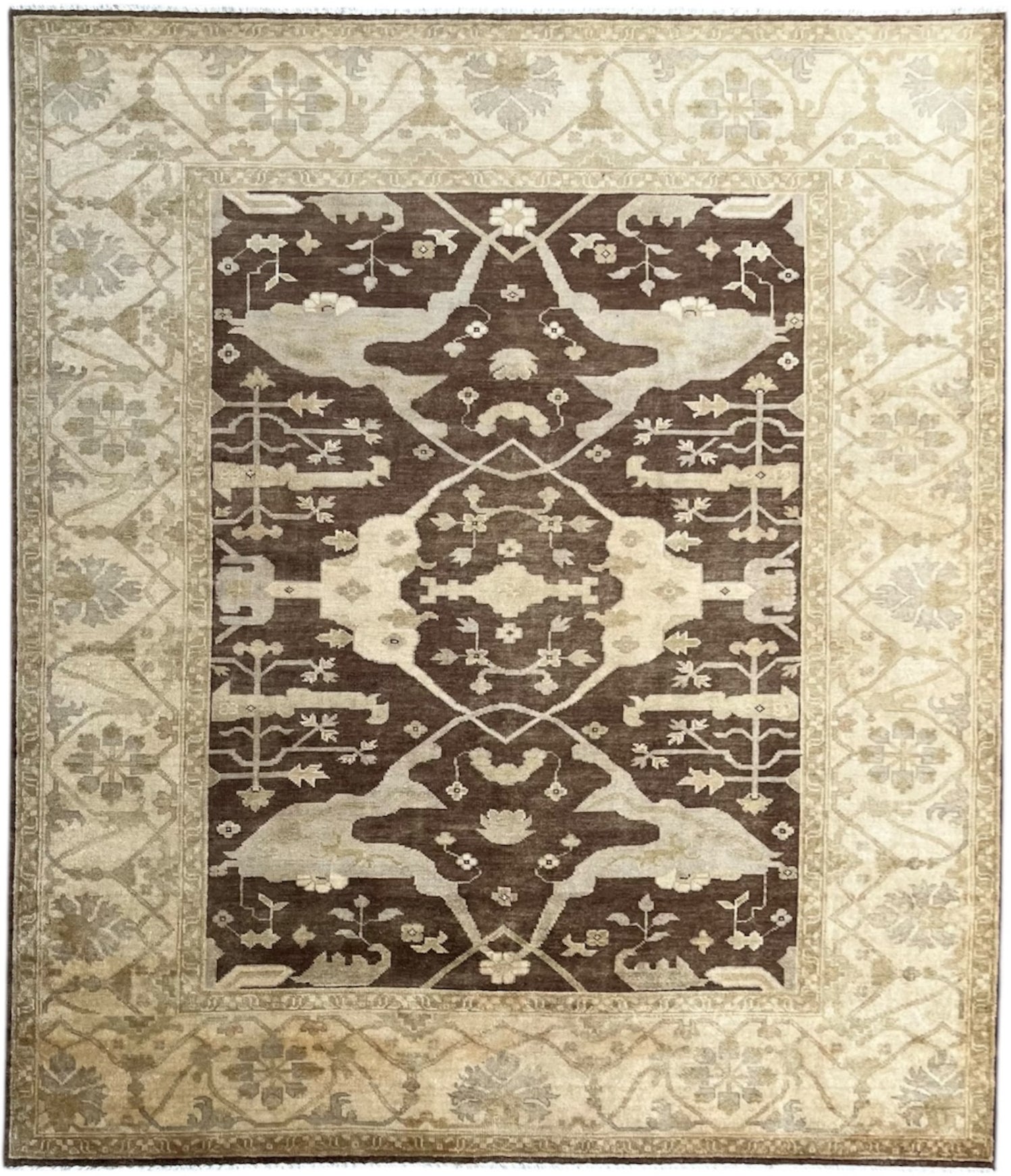 Decorative rug with intricate pattern on a beige background