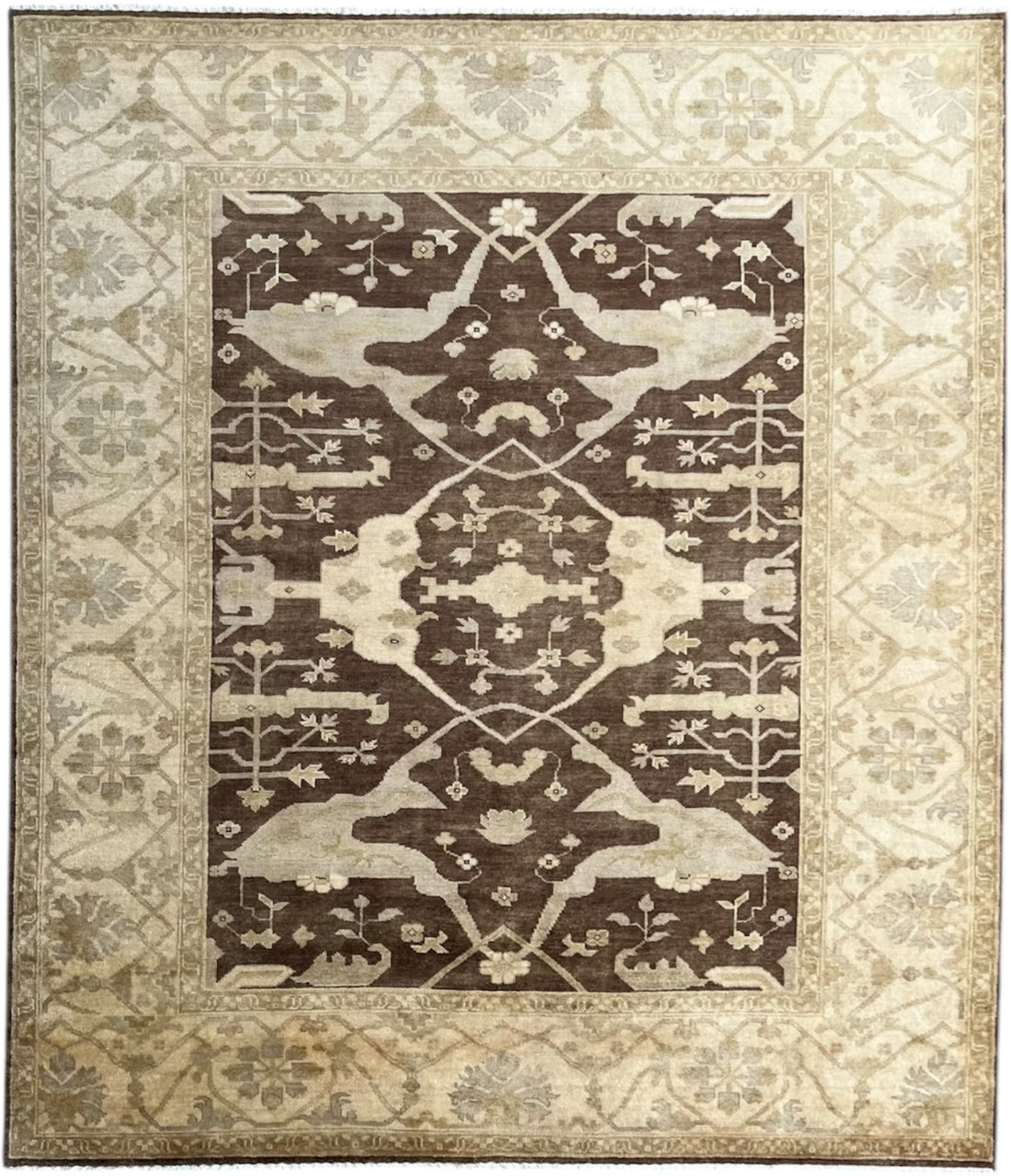 Decorative rug with intricate pattern on a beige background