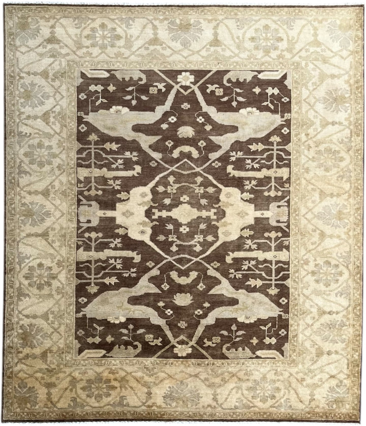 Decorative rug with intricate pattern on a beige background