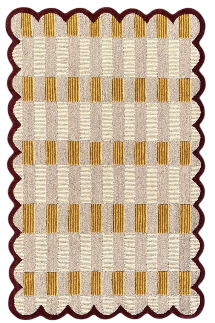 Matilda Sand Plaid Scallop Wool Hand Tufted Area Rug Beige | Beig