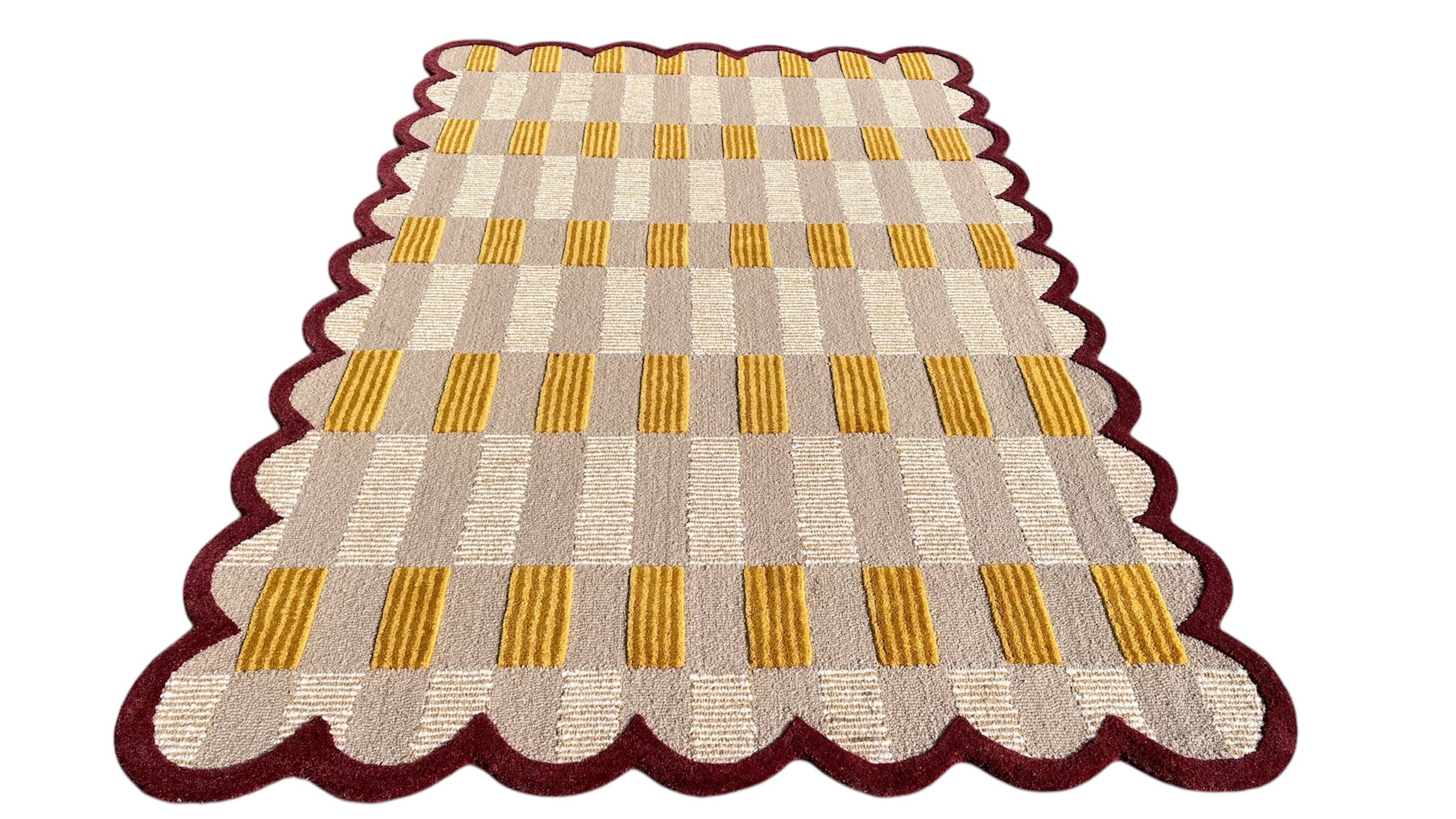 Matilda Sand Plaid Scallop Wool Hand Tufted Area Rug Beige