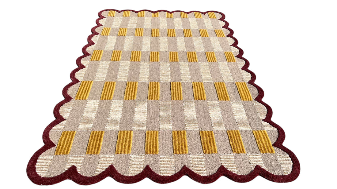 Matilda Sand Plaid Scallop Wool Hand Tufted Area Rug Beige