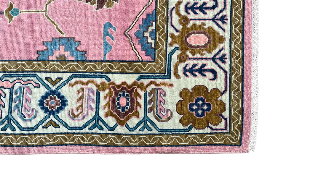Bosphorus Pink Floral Oushak Hand-Knotted Wool Rug