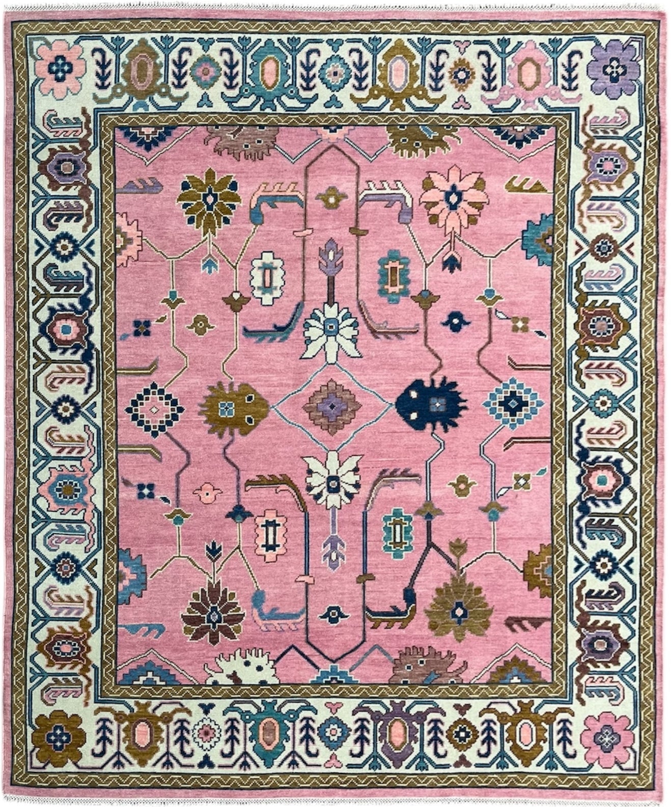 Bosphorus Pink Floral Oushak Hand-Knotted Wool Rug