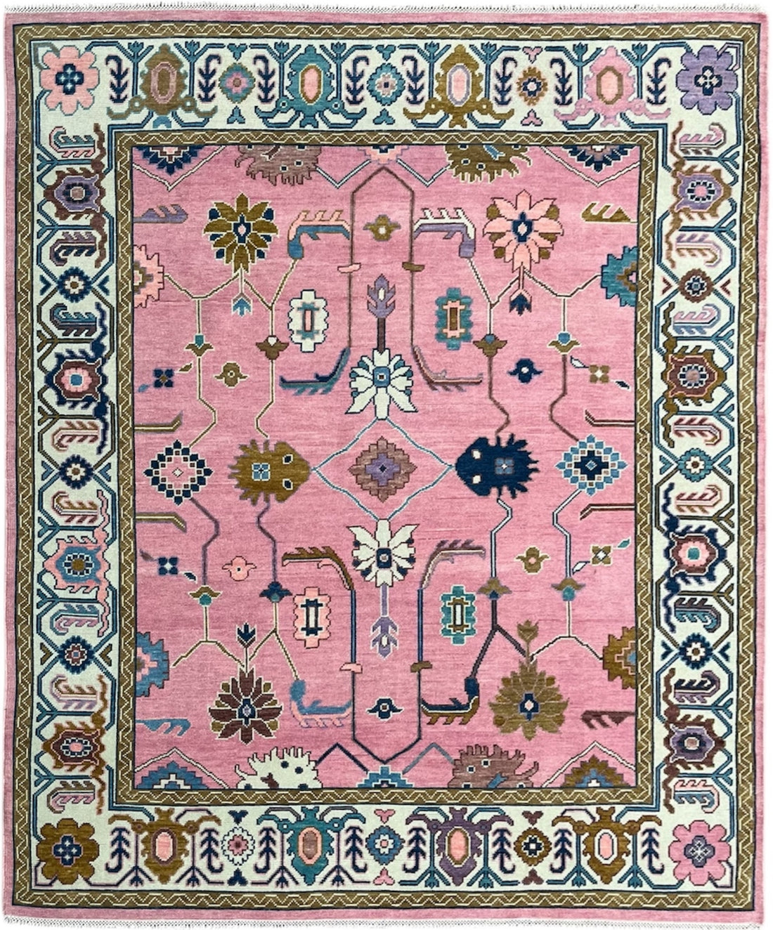 Bosphorus Pink Floral Oushak Hand-Knotted Wool Rug