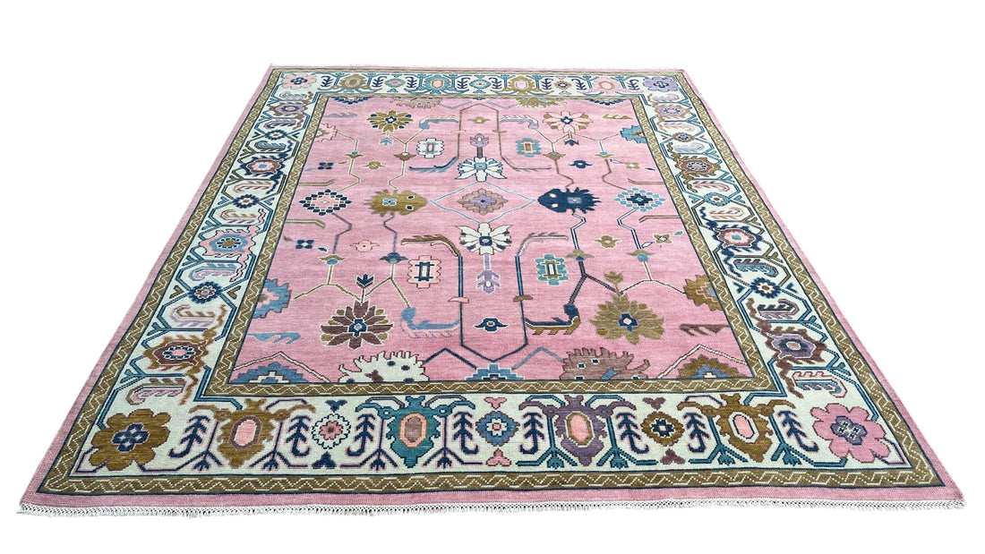 Bosphorus Pink Floral Oushak Hand-Knotted Wool Rug