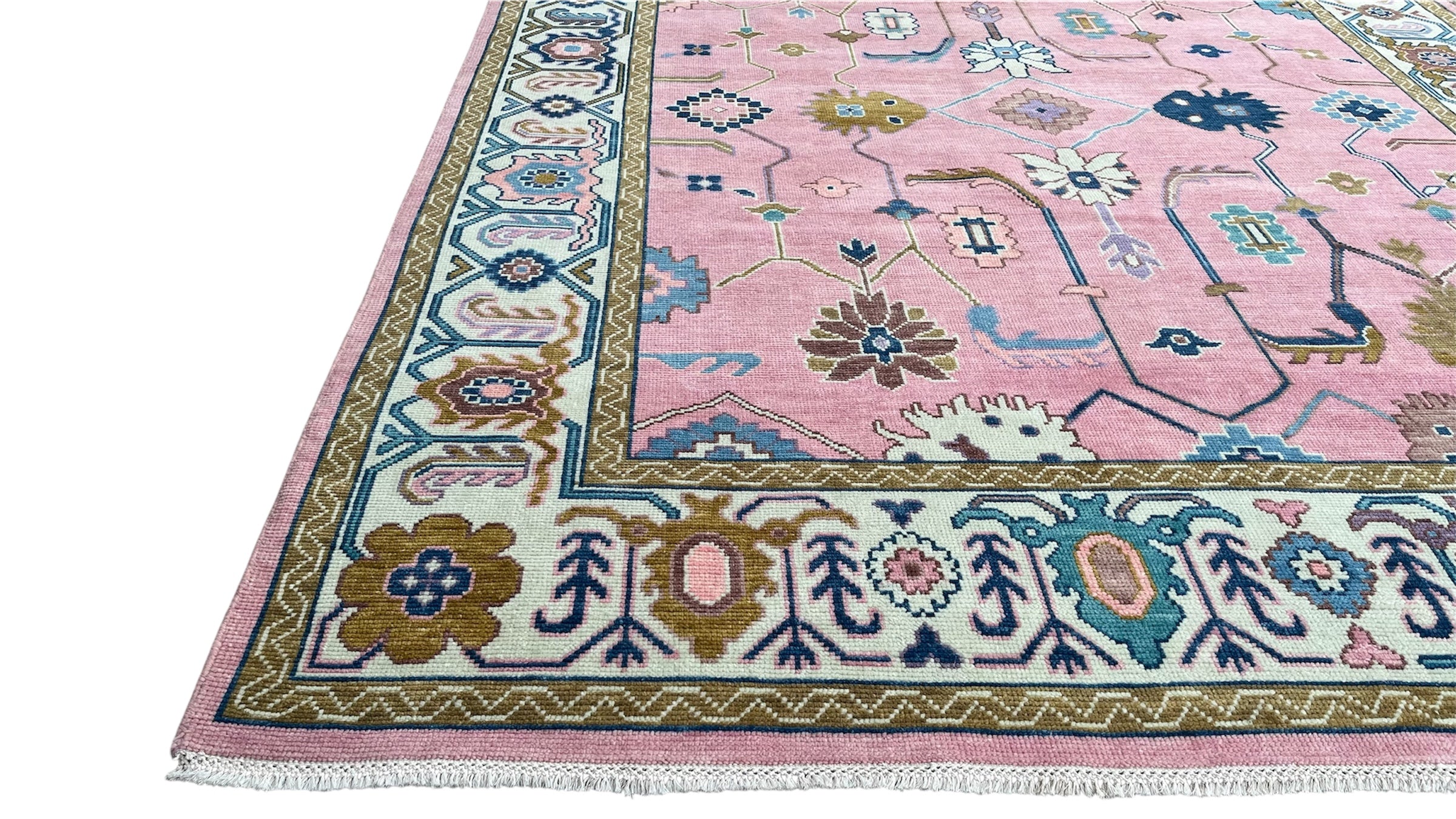 Bosphorus Pink Floral Oushak Hand-Knotted Wool Rug