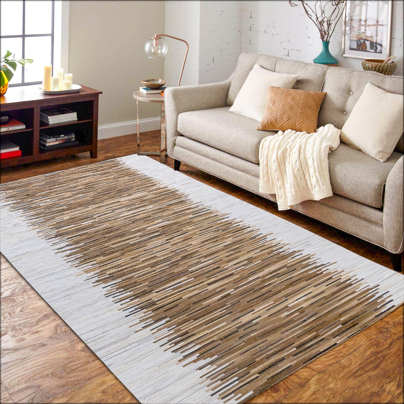Dakota Border Leather Patched Hand-Stitched Rug