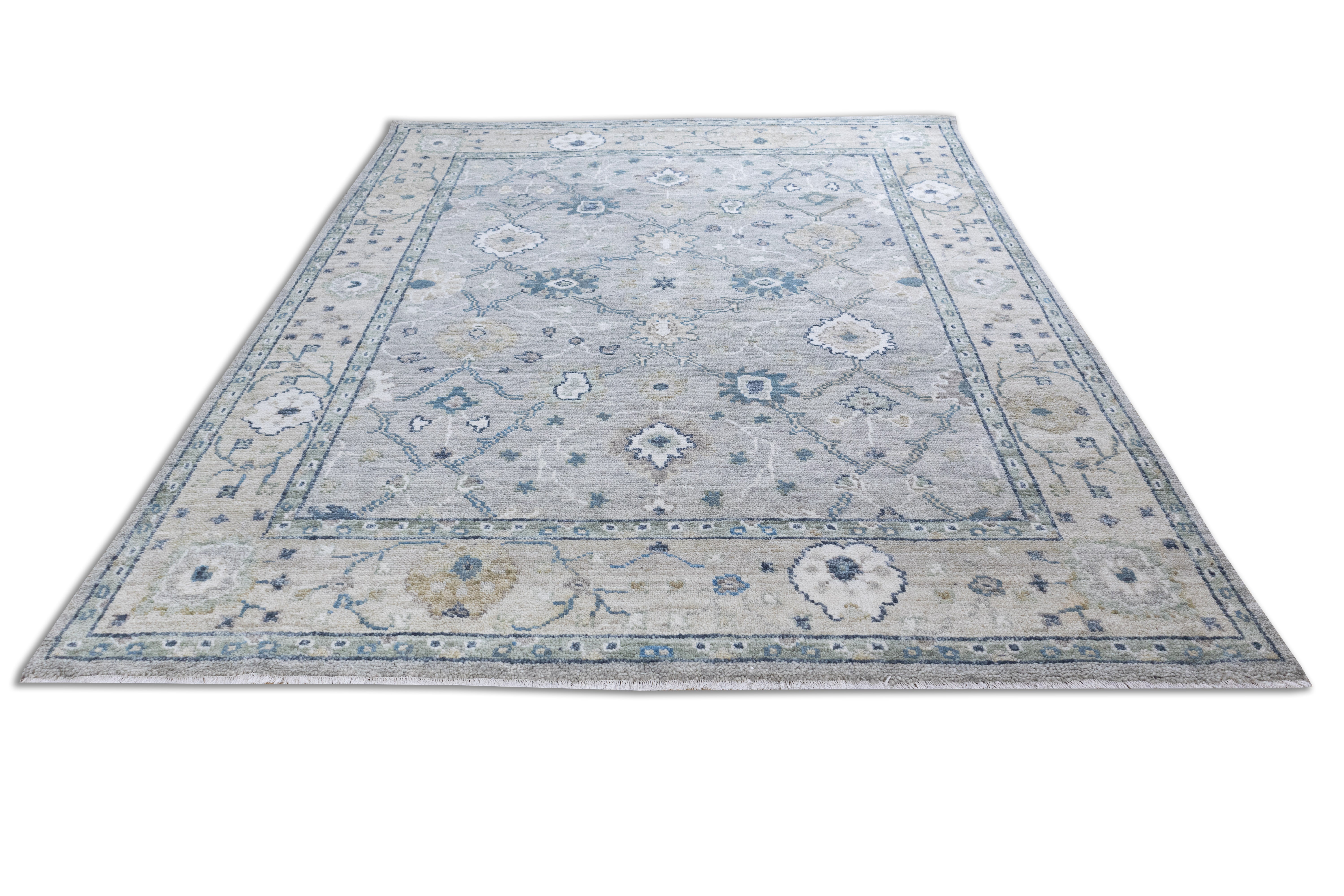 Fiora Oriental Oushak Traditional Blue Grey Hand-Knotted Wool Rug