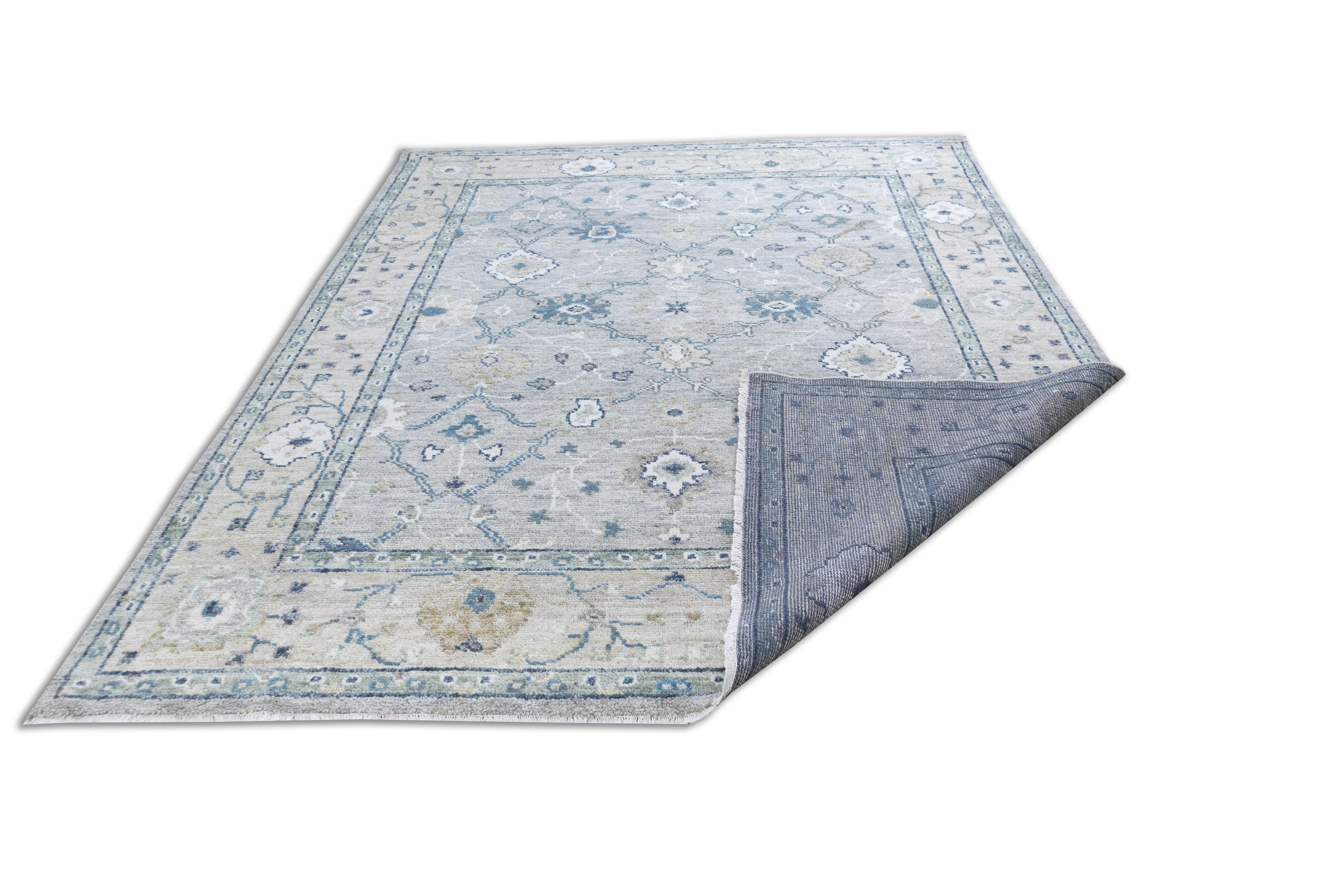 Fiora Oriental Oushak Traditional Blue Grey Hand-Knotted Wool Rug