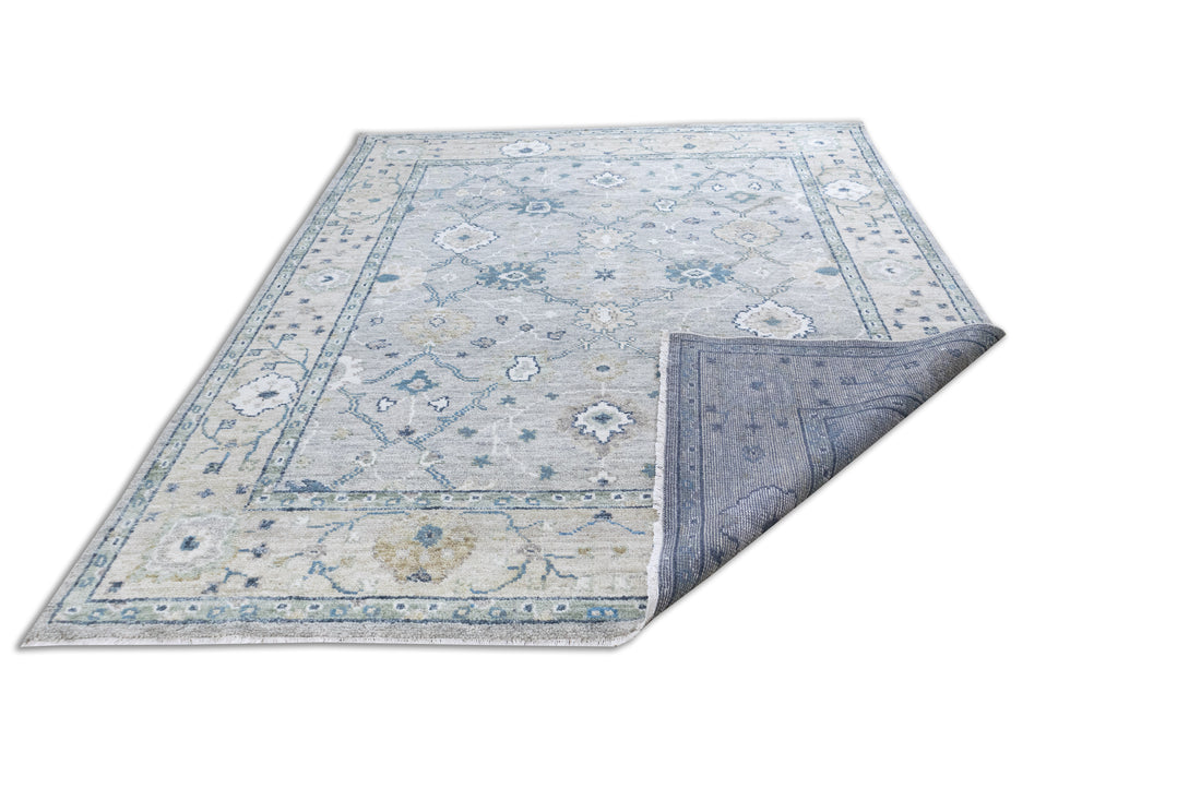 Fiora Oriental Oushak Traditional Blue Grey Hand-Knotted Wool Rug