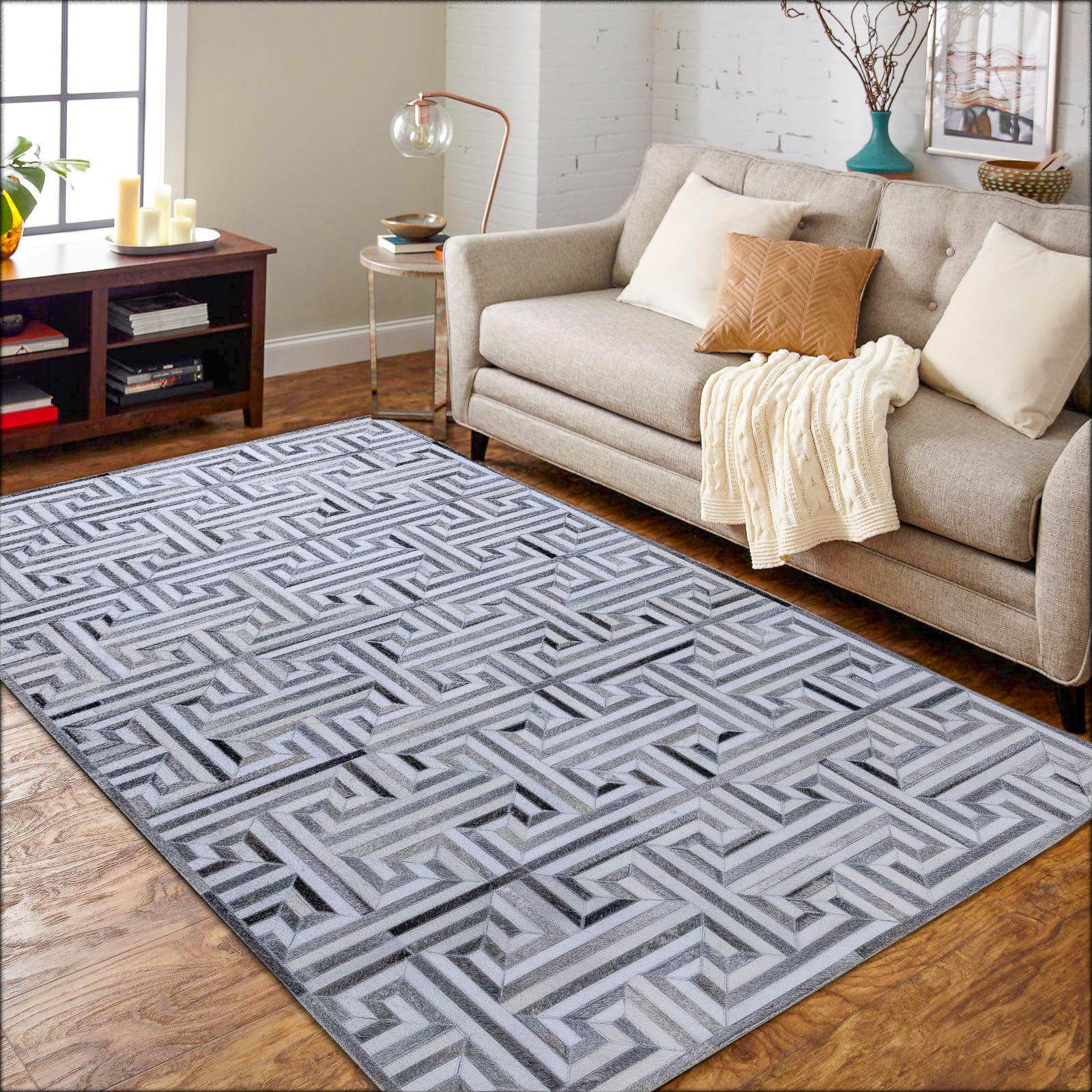 Garrison Linear Leather Patched Hand-Stitched Rug
