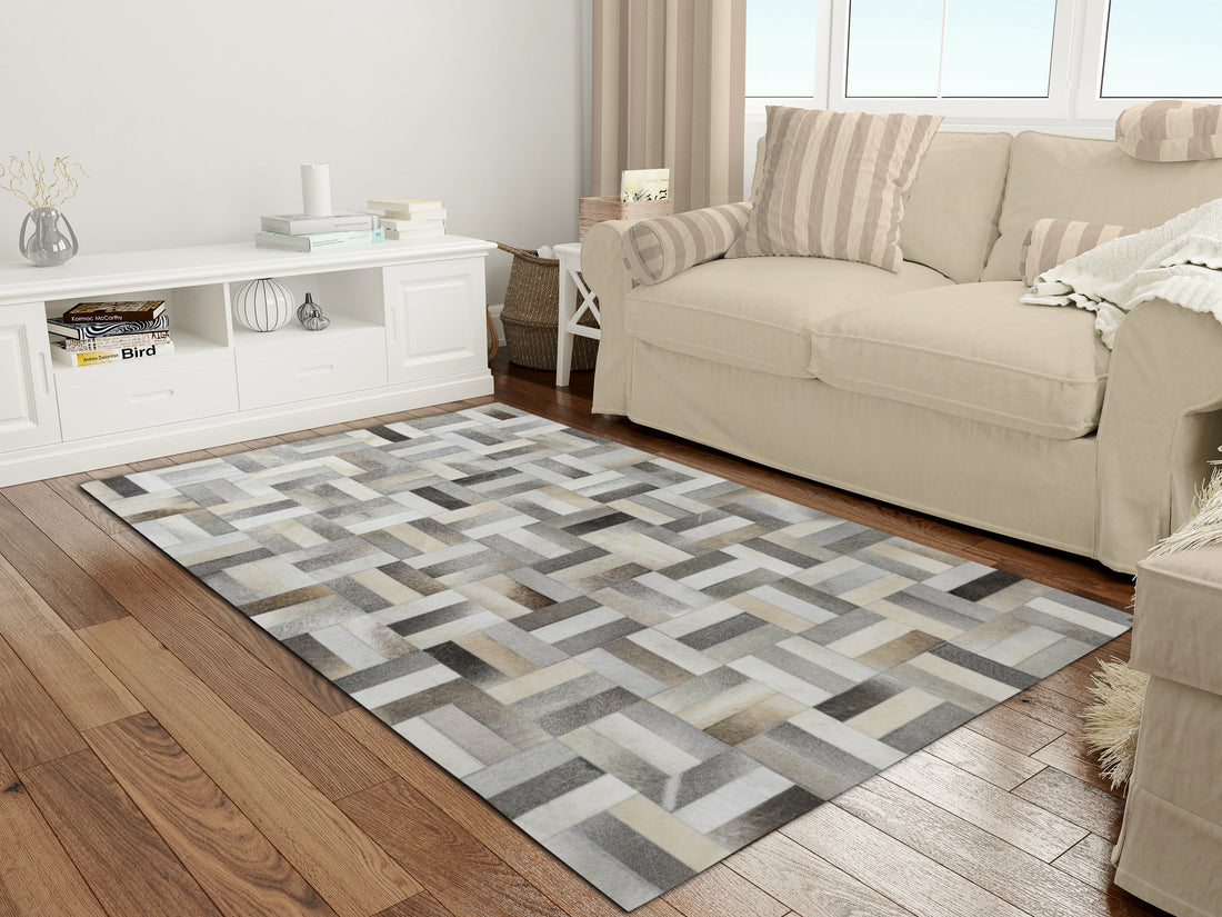 Kingsley Herringbone Leather Patched Hand-Stitched Rug