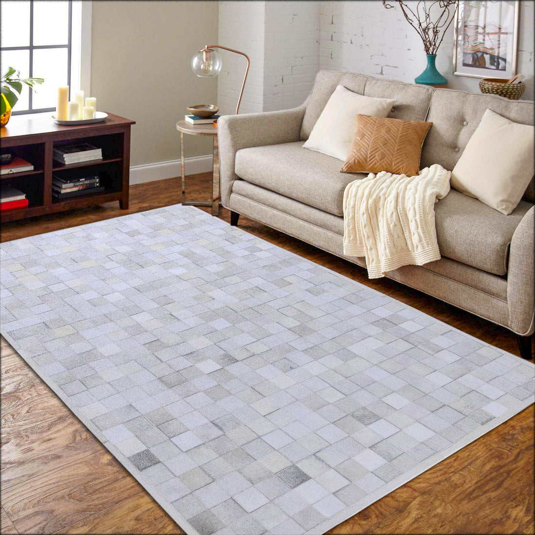 Marverick Suede Leather Patched Hand-Stitched Rug