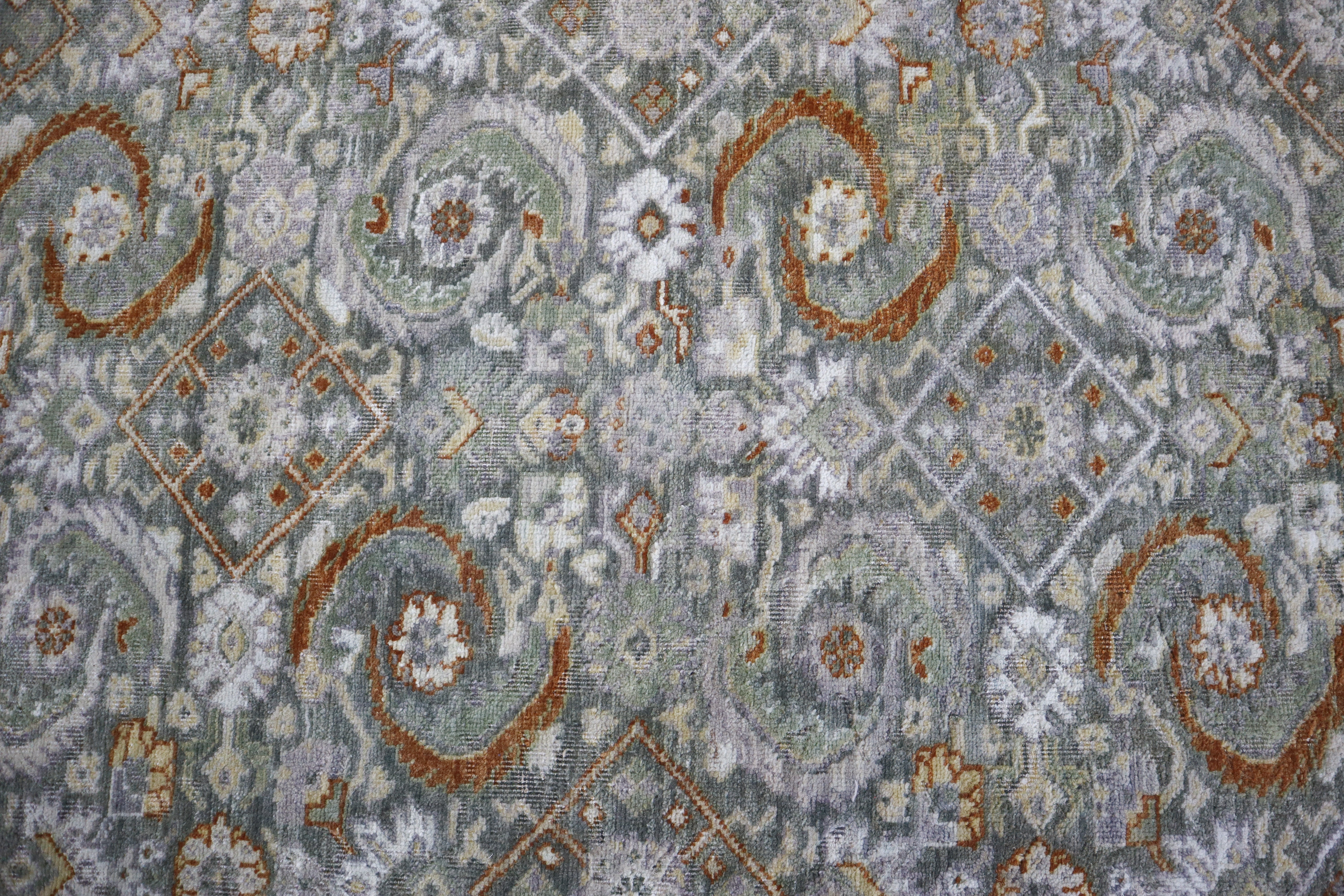 Oxidized Heriz Vintage Green Hand-Knotted Wool Rug
