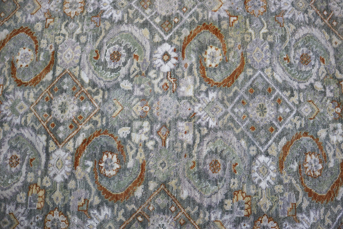Oxidized Heriz Vintage Green Hand-Knotted Wool Rug
