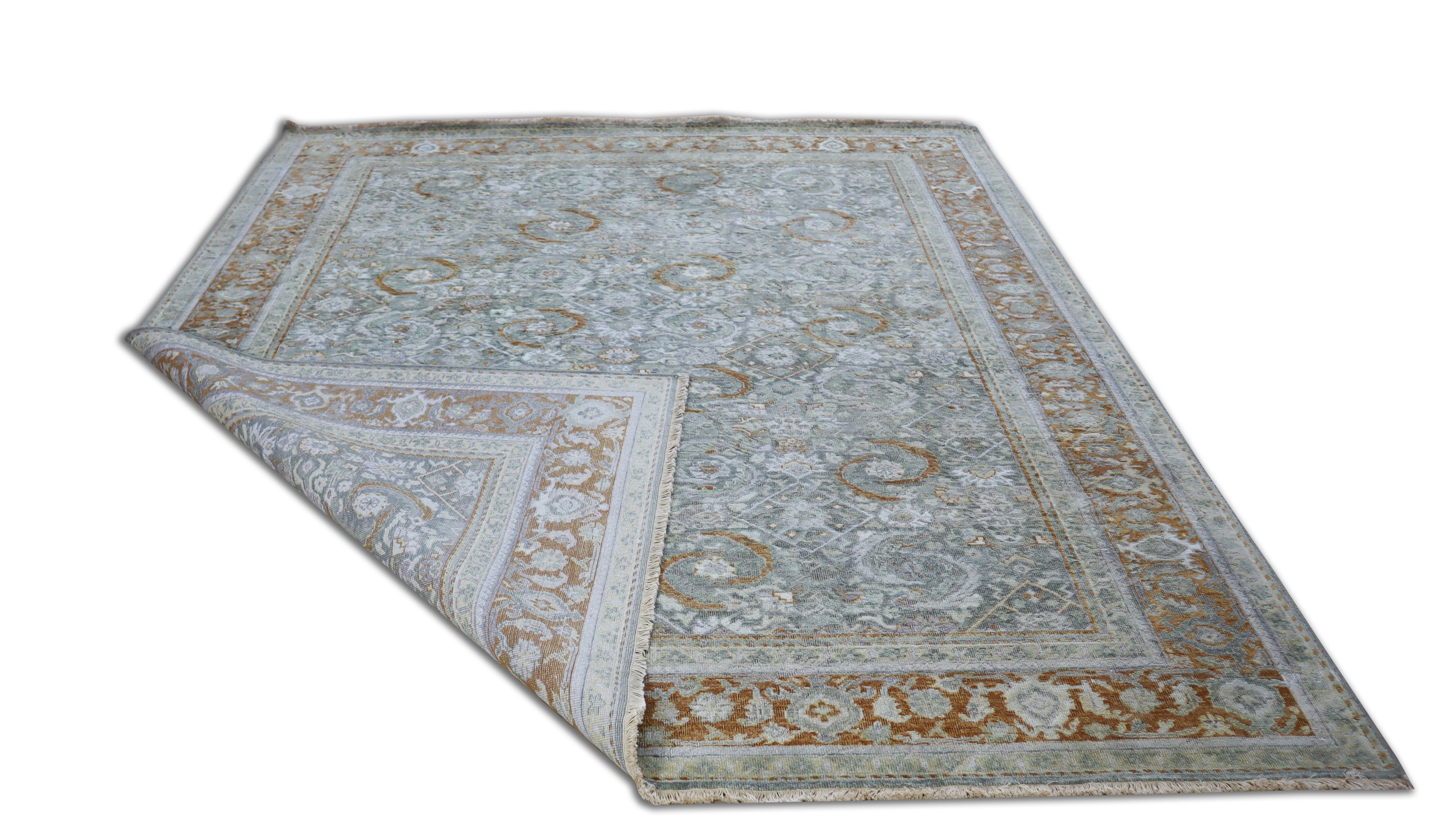 Oxidized Heriz Vintage Green Hand-Knotted Wool Rug