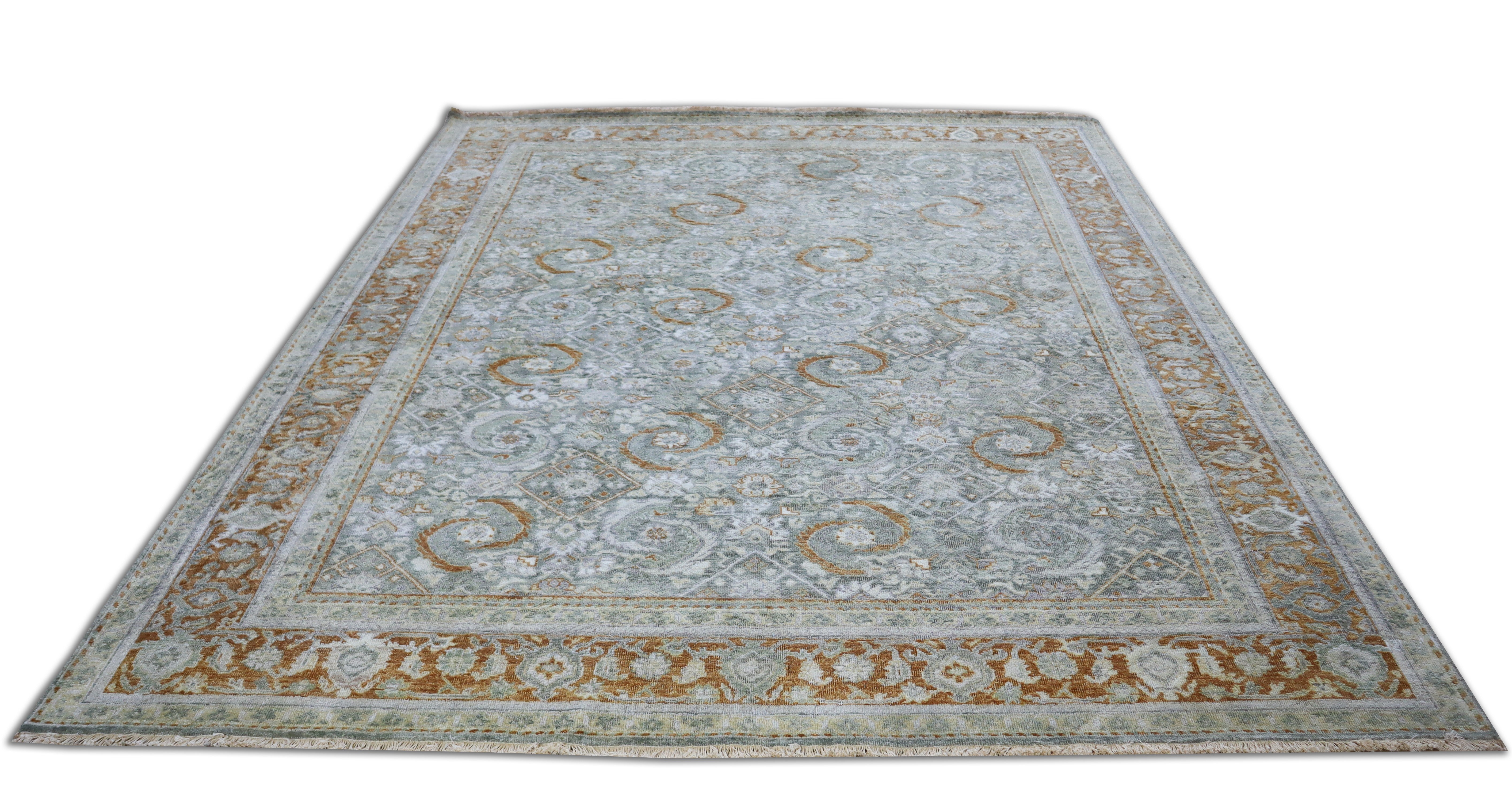 Oxidized Heriz Vintage Green Hand-Knotted Wool Rug