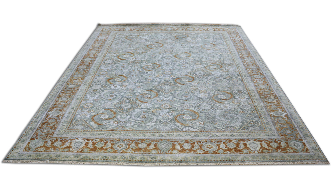 Oxidized Heriz Vintage Green Hand-Knotted Wool Rug