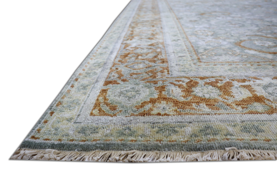 Oxidized Heriz Vintage Green Hand-Knotted Wool Rug