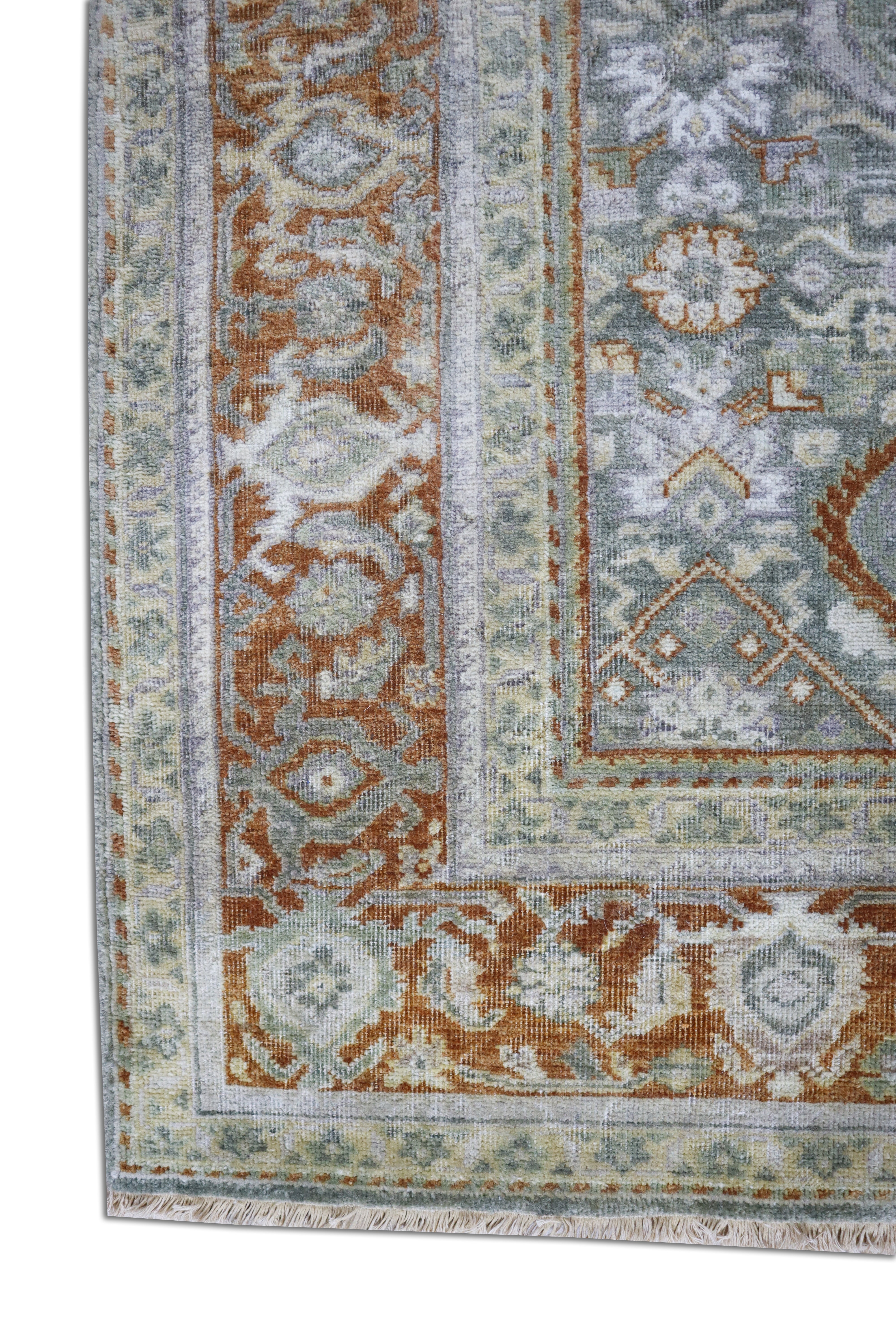 Oxidized Heriz Vintage Green Hand-Knotted Wool Rug