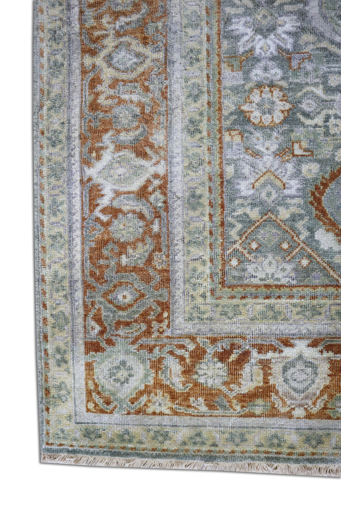Oxidized Heriz Vintage Green Hand-Knotted Wool Rug