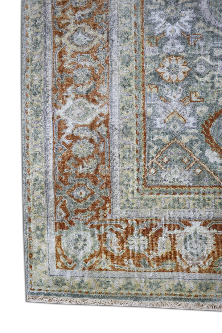 Oxidized Heriz Vintage Green Hand-Knotted Wool Rug
