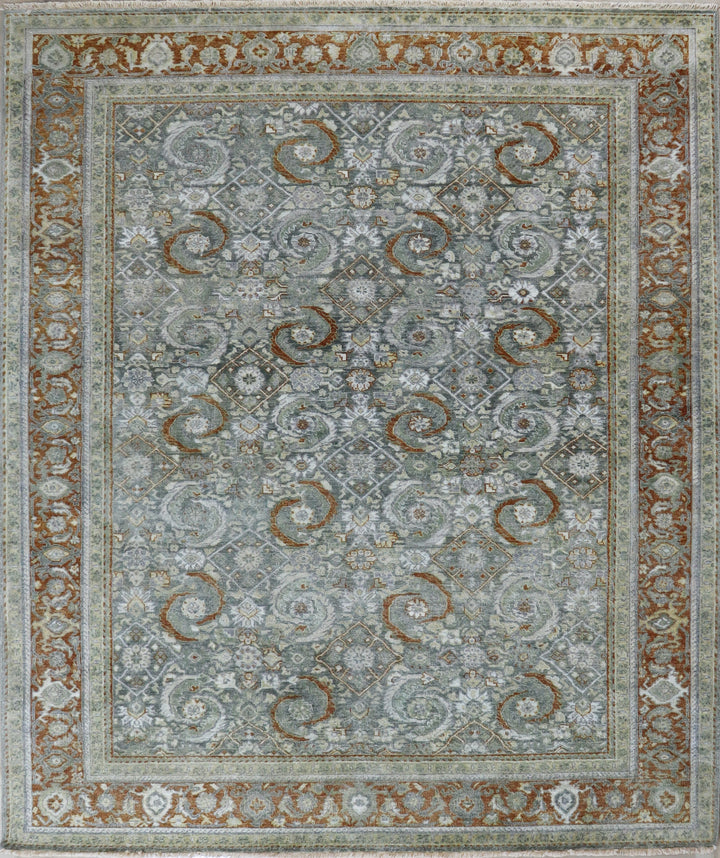 Oxidized Heriz Vintage Green Hand-Knotted Wool Rug