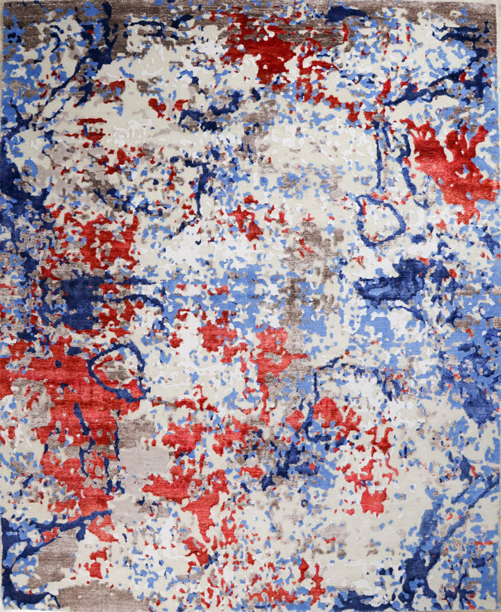 Abstract rug with red, blue, and white colors on a brown background
