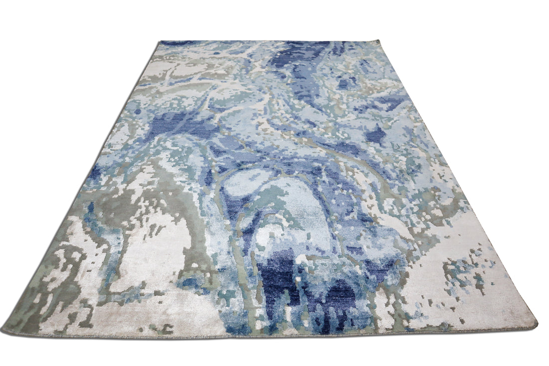 Quinlan Ocean Blue and Sand Drift Abstract Hand-Knotted Wool Rug