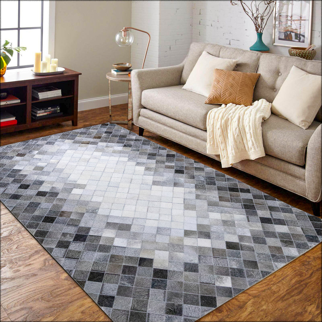Sterling Diamond Leather Patched Hand-Stitched Rug