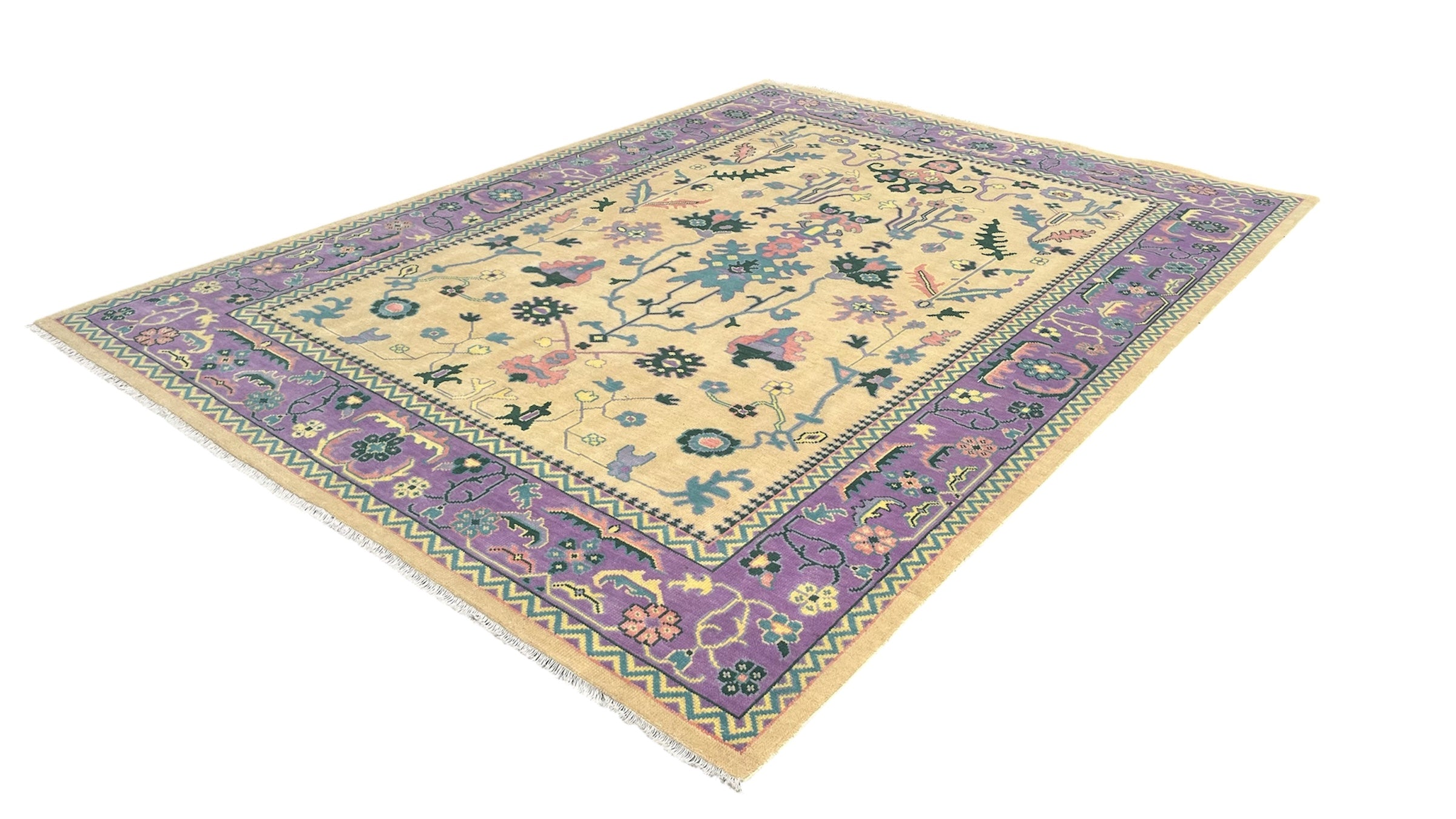 Tavira Heritage Distressed Purple Gold Hand-Knotted Wool Rug