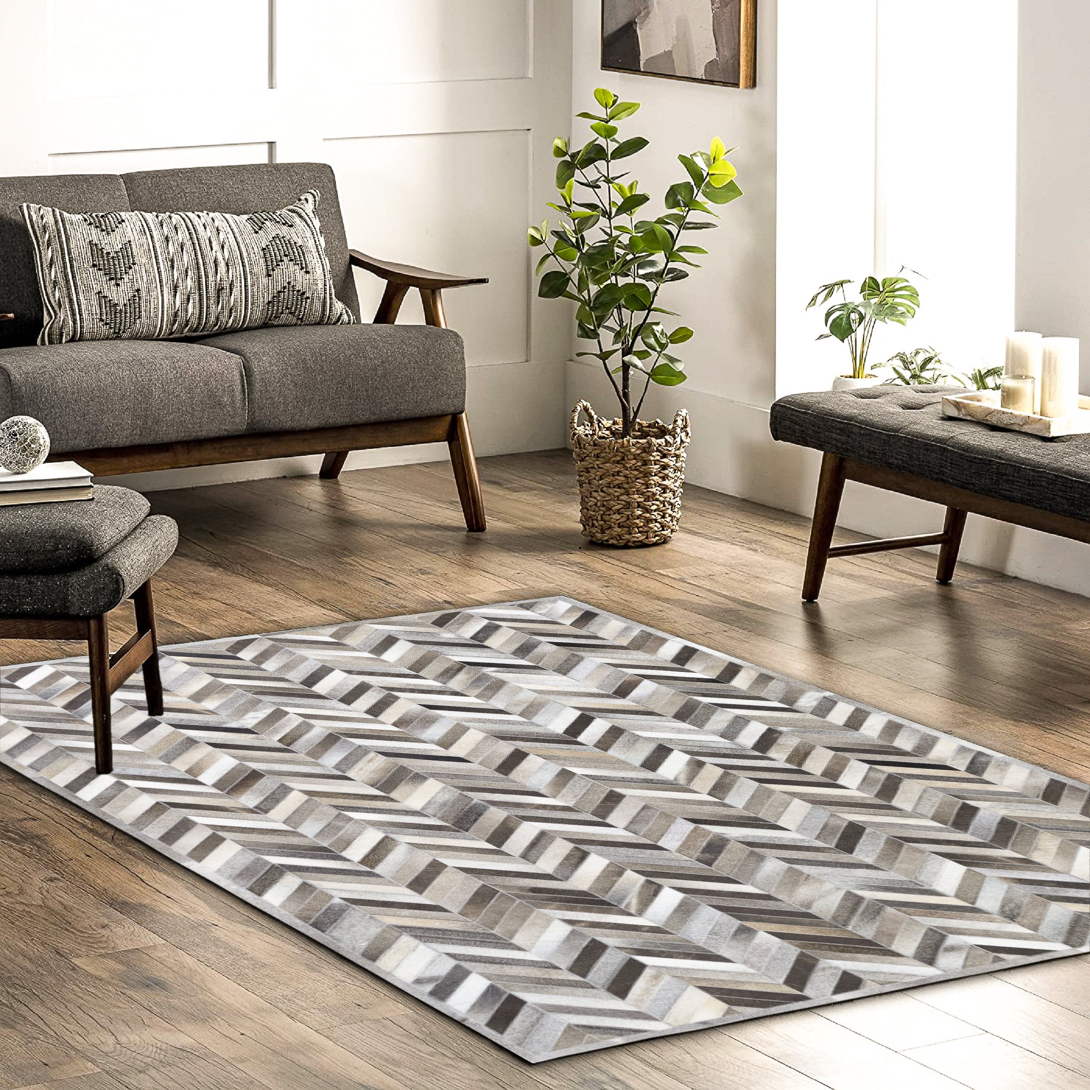 Zephyr Tonal Leather Patched Hand-Stitched Rug